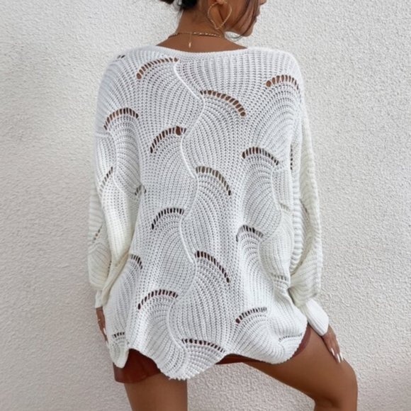 Off White Lace V neck Lantern Sleeve Sweater Top - Picture 4 of 10